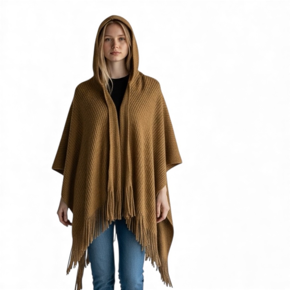 Carmel Ribbed Sweater Hooded Poncho With Fringe‎ | One Size Fits All